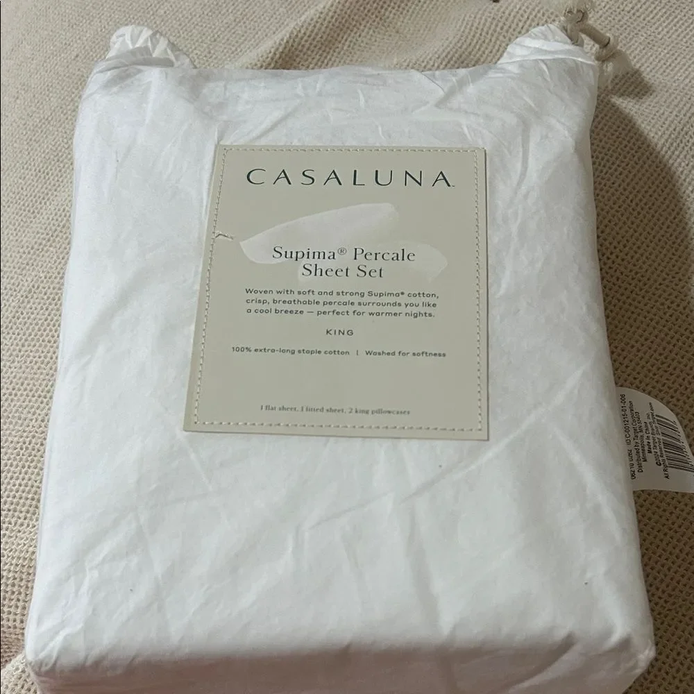 Casaluna King 100% Cotton Percale Sheet Set White, King Size, NWT